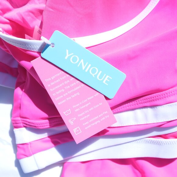BRIGHT YONIQUE HOT PINK W WHITE STRIPES BATHING SUIT (see measurements) - Picture 5 of 5